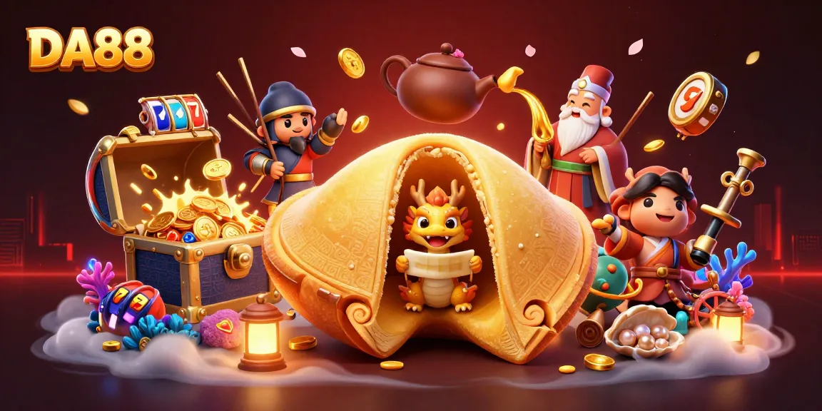 Engage with DA88 in a vibrant 3D casino scene featuring characters and slot elements.