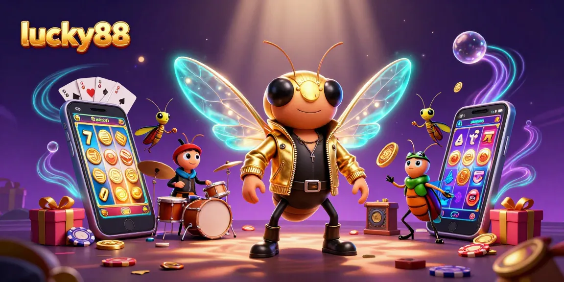 Experience lucky88 with a cartoon rock star and vibrant casino elements in this dynamic artwork.
