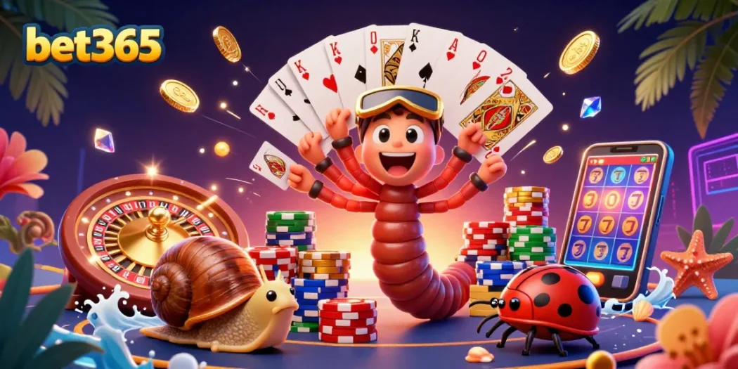 Join the action with bet365 as a millipede dealer hands out cards and chips in a vibrant casino scene.