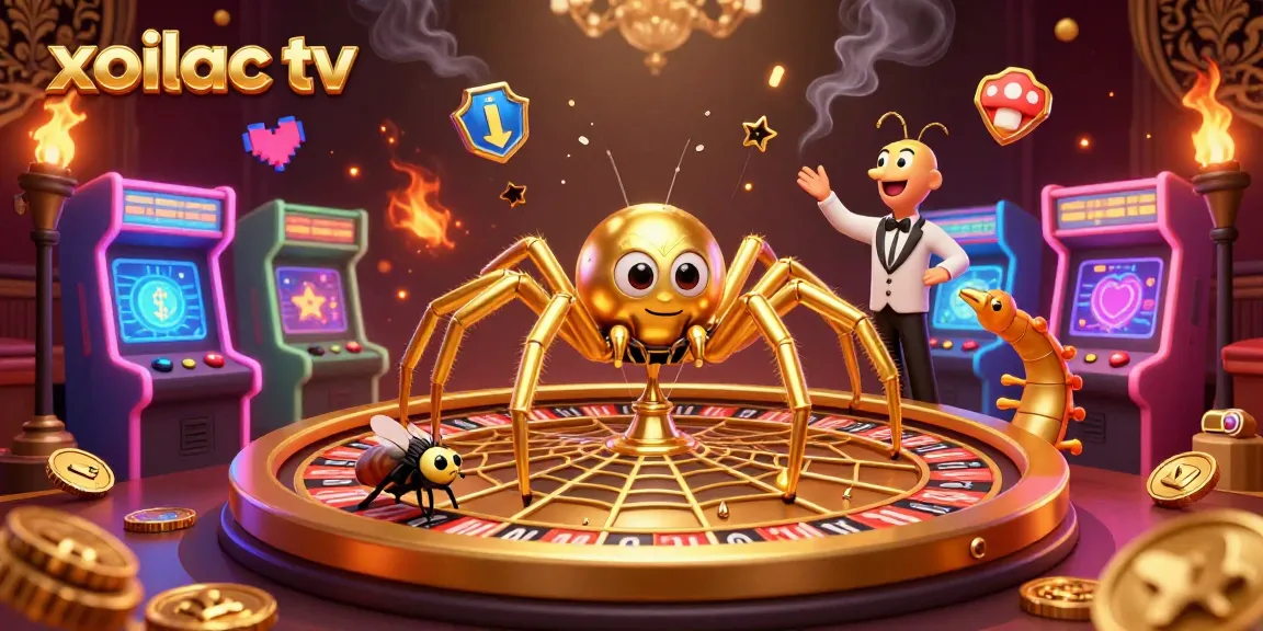 Experience thrilling bets at xoilac tv with a vibrant 3D scene showcasing a roulette wheel web, colorful game machines, and dynamic gambling action.