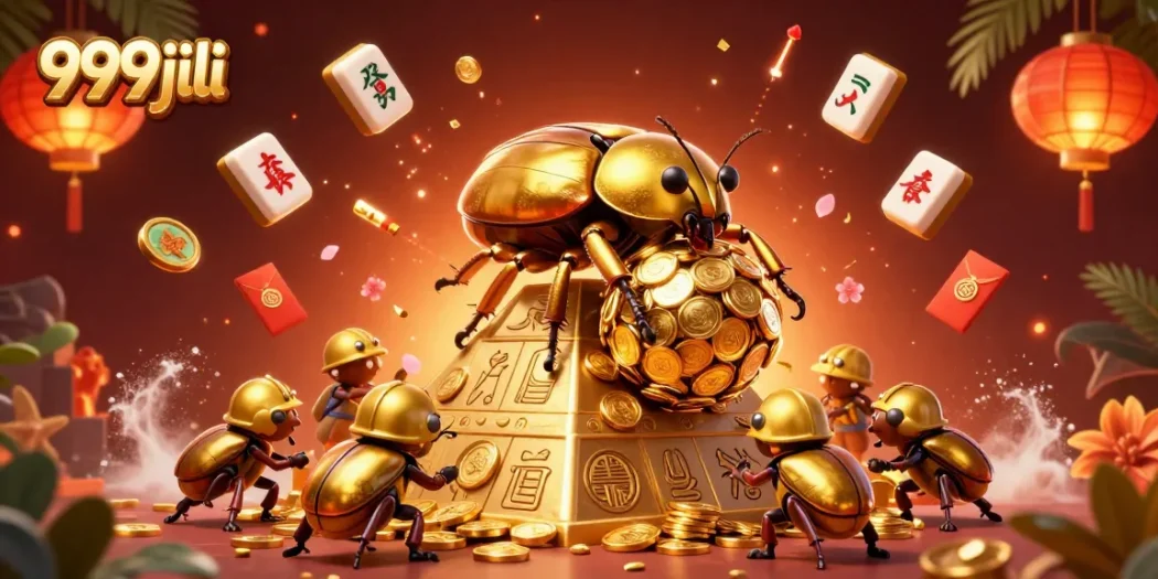 Experience exciting gameplay at 999jili, featuring a dazzling scene of cartoon beetles rolling golden coins.