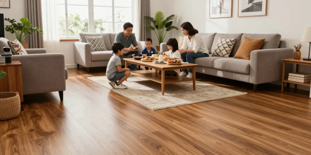 Beautiful living room with laminate flooring mimicking real wood style without the cost, featuring natural light and cozy decor