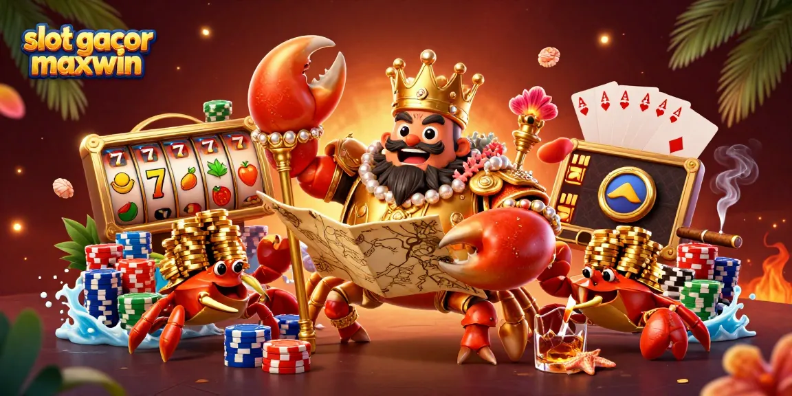 Engage with slot gacor maxwin through an immersive scene featuring a golden crab emperor amid vibrant gaming elements.