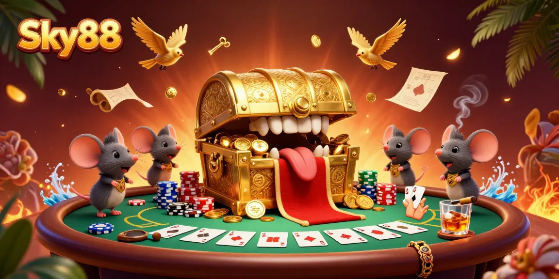 Engage in thrilling Sky88 poker action with vibrant characters and dynamic casino elements.