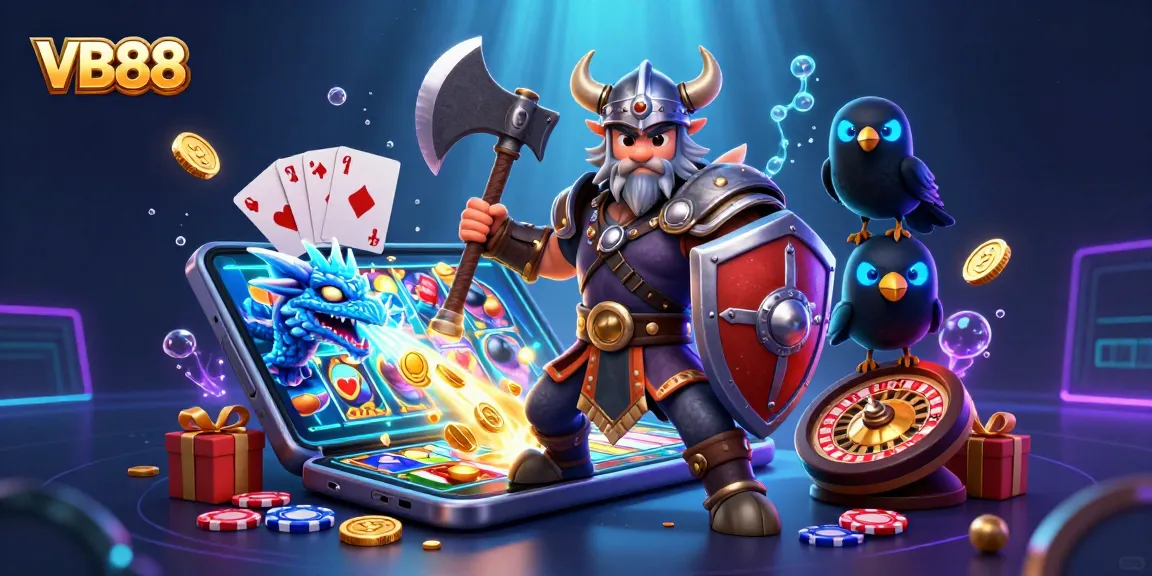 Engage with VB88 slot games amidst a dynamic scene of a Viking wolf warrior, dragon, and casino elements