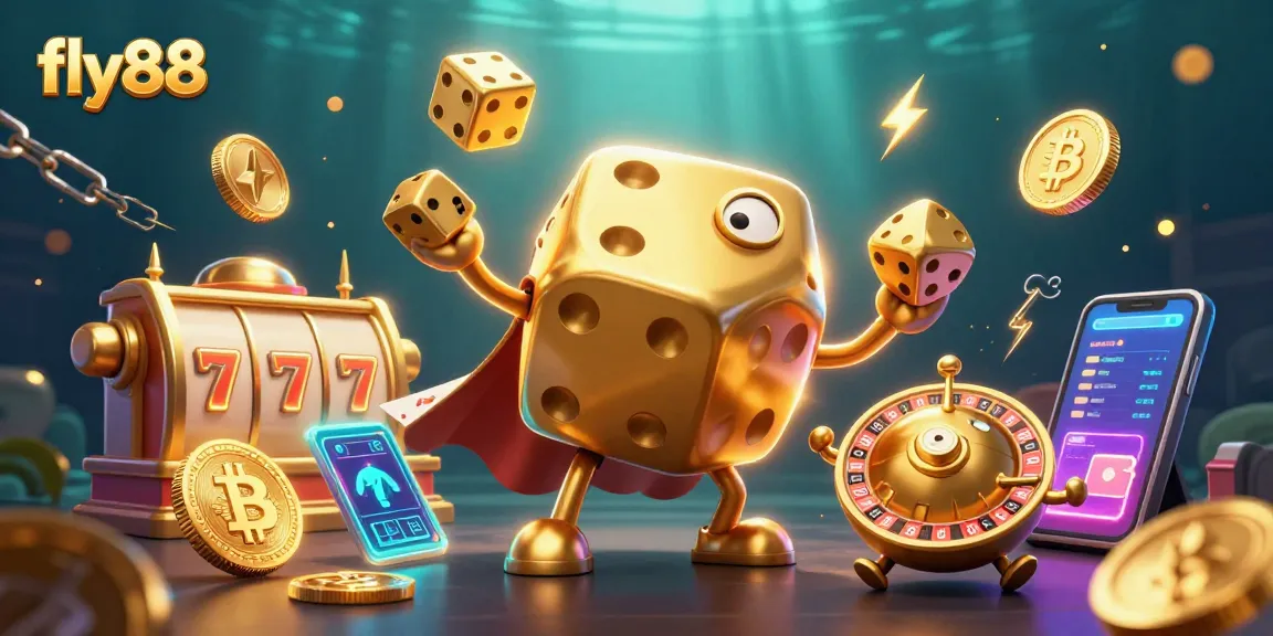 Experience the excitement of fly88 with a dynamic 3D illustration showcasing golden dice and vibrant game elements.