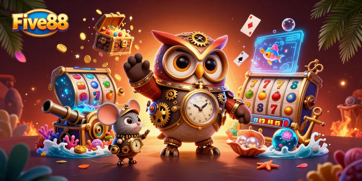 Experience thrilling gameplay at Five88 Casino with vibrant cartoon characters and dynamic 3D elements.