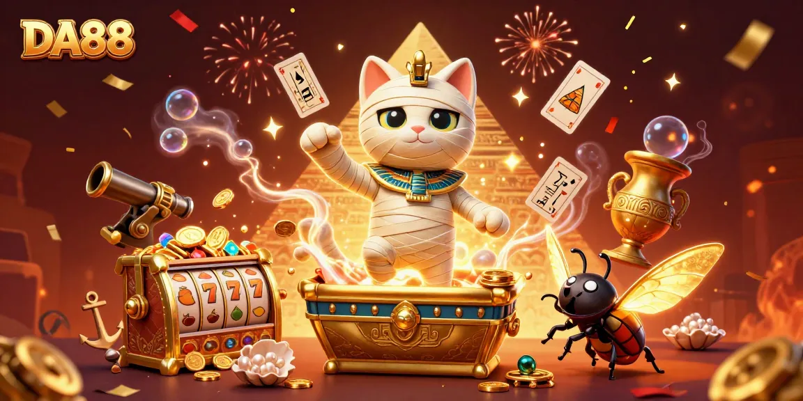 Experience the excitement of winning with DA88 in this vibrant, action-packed casino scene featuring a mummy cat and treasures.