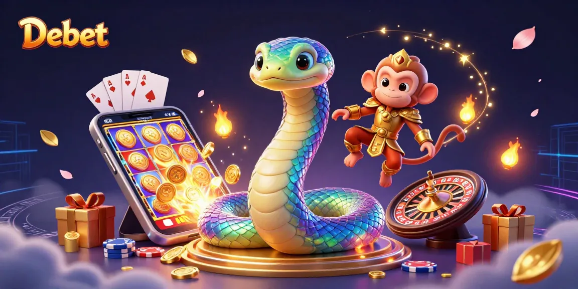 Engage with Debet's vibrant casino scene showcasing dynamic slot games and mythical characters.