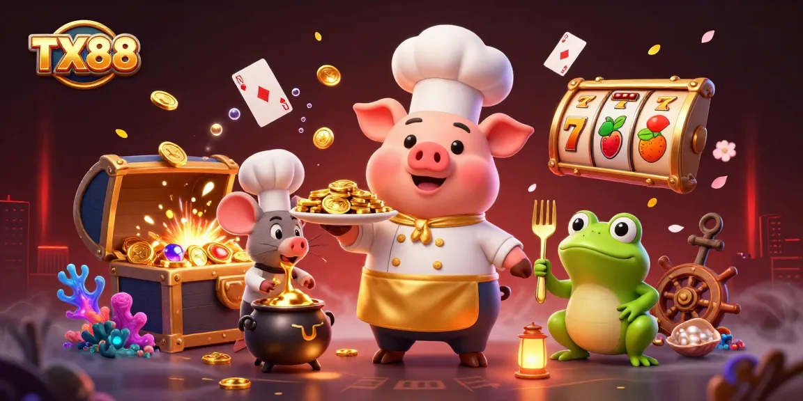 Engage with TX88 for immersive gaming, featuring vibrant 3D characters and casino elements.