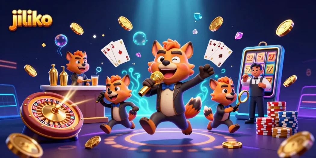 Experience thrilling moments at jiliko's comedy casino with hyenas entertaining guests amidst spinning roulette wheels and sparkling gems.