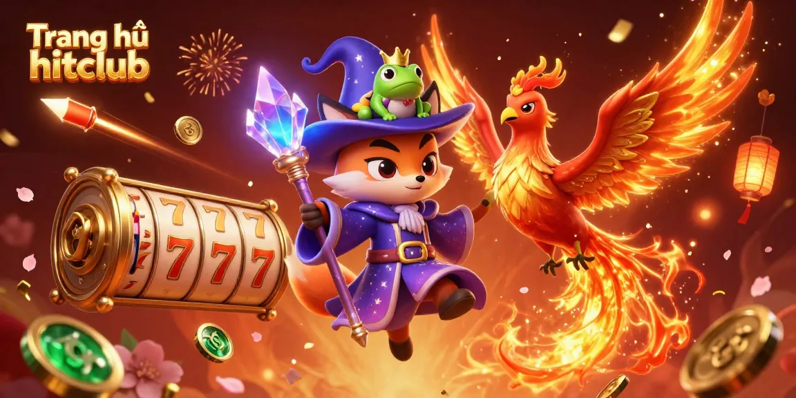 Experience thrilling gaming action at Trang chủ hitclub with a magical fox wizard and phoenix in vibrant casino scene.
