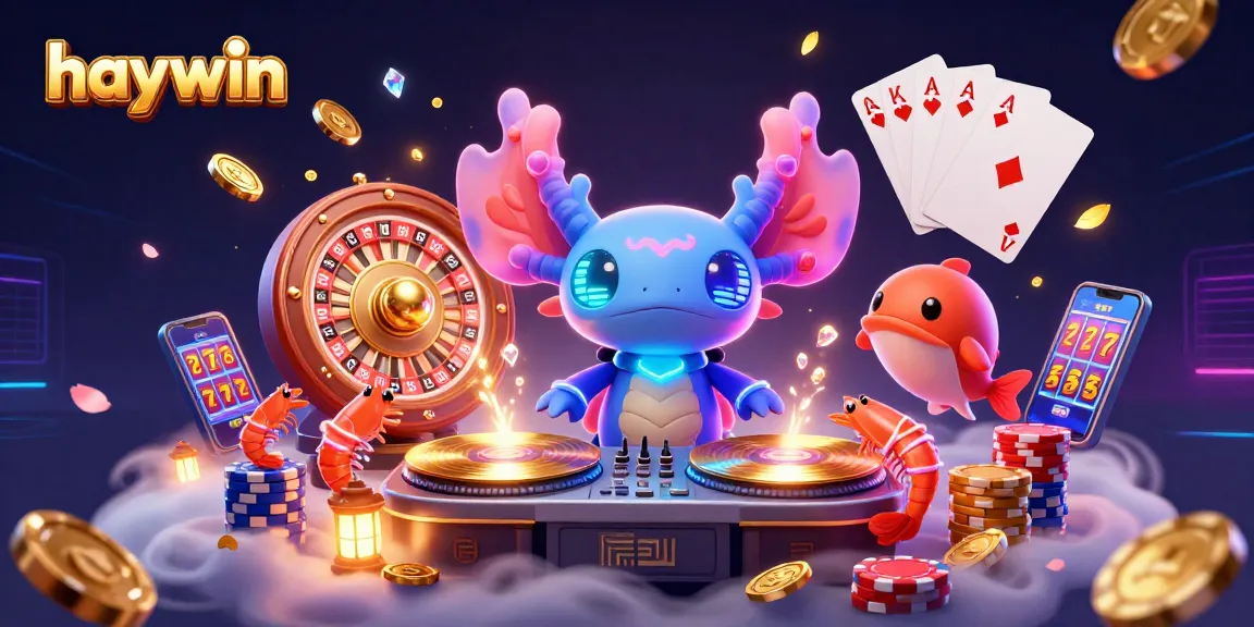 Experience the excitement of haywin with neon axolotl DJ and dynamic casino elements in a vibrant underwater scene.