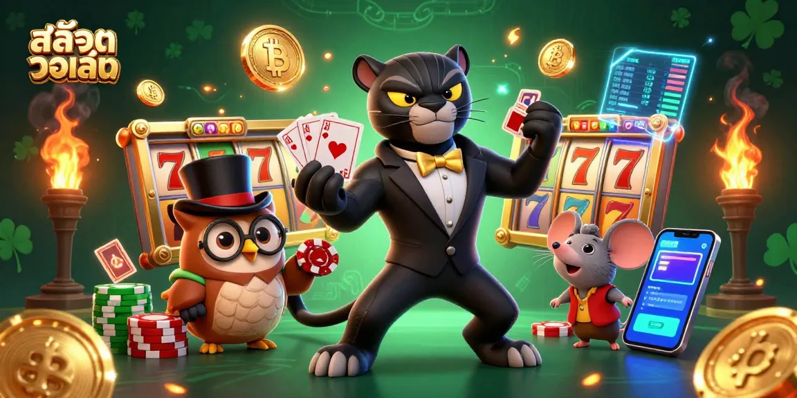 Experience สล็อตวอเลท excitement with 3D cartoon black panther and friends amidst vibrant gambling elements.