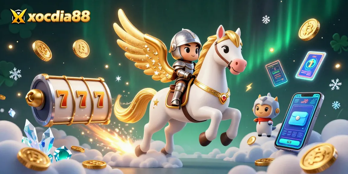 Experience thrilling gameplay with xocdia88 as a celestial knight rides through a vibrant casino world.