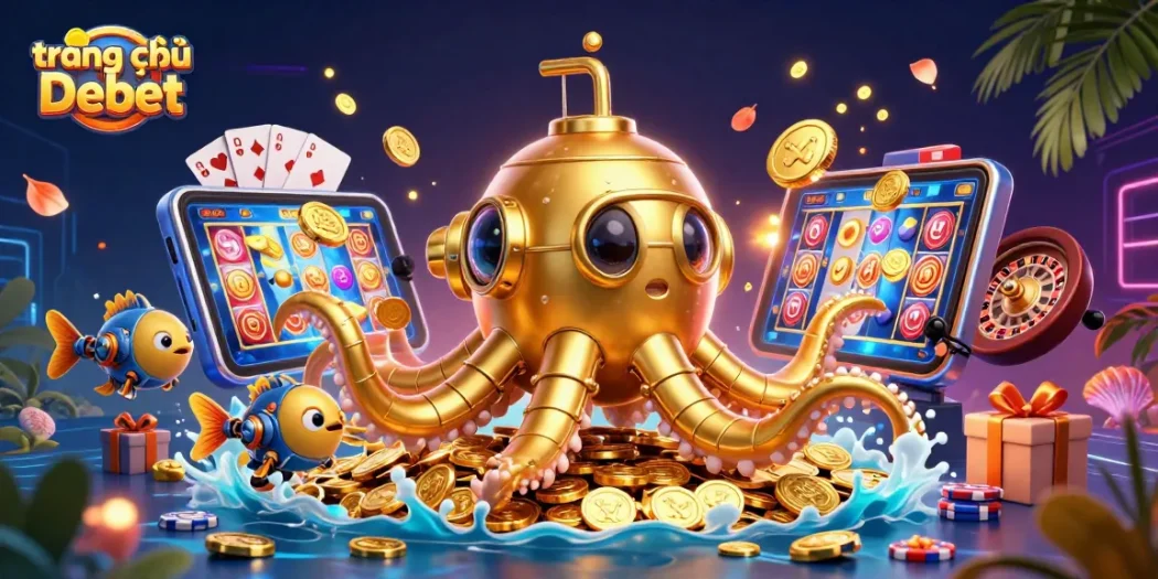 Engage with the vibrant slots and games collection on trang chủ Debet, featuring dazzling gold coins and a unique kraken design.