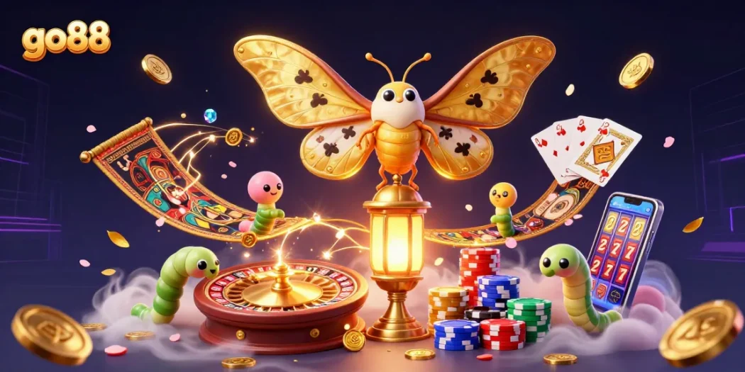 Experience the thrills of go88 with a captivating casino scene featuring golden coins and vibrant playing cards.