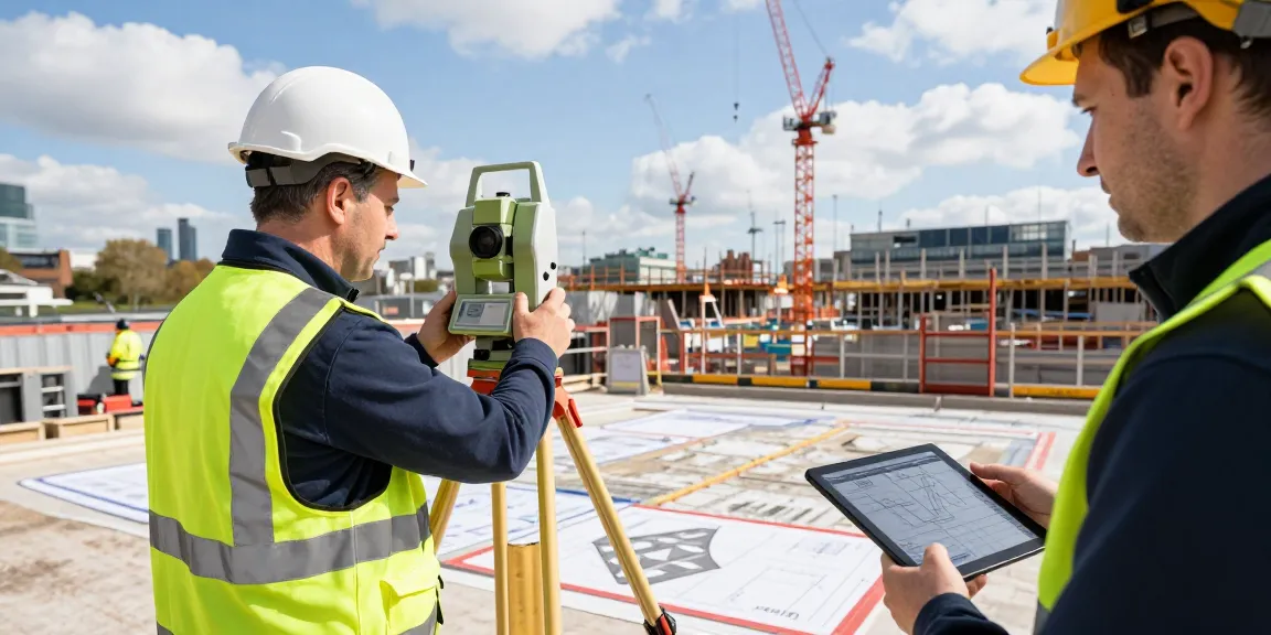 Land surveys London featuring expert surveyor measuring terrain with Total Station.