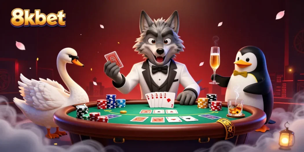 Experience the excitement of 8xbet with a debonair wolf at baccarat, accompanied by enchanting characters and casino elements.
