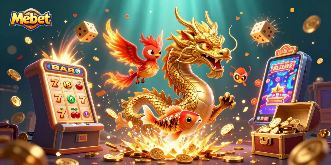 Mebet transforms gameplay with an enchanting illustration of a Chinese dragon, phoenix, and koi fish amidst gambling elements.