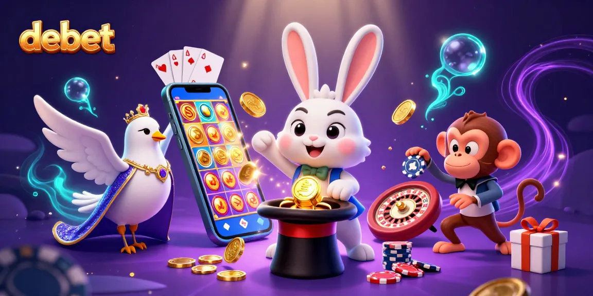 Engage in thrilling gaming action with debet's magician rabbit, glamorous dove, and monkey surrounded by casino games.