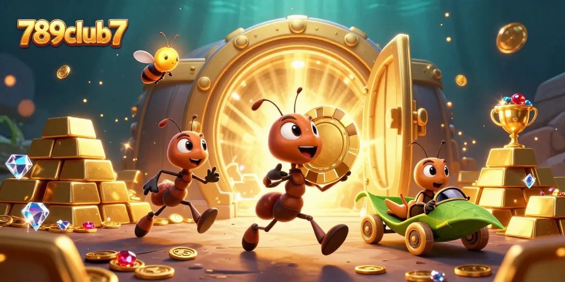 Immerse in the thrilling world of 789club7 with a fun heist scene showcasing playful ants carrying a poker chip.