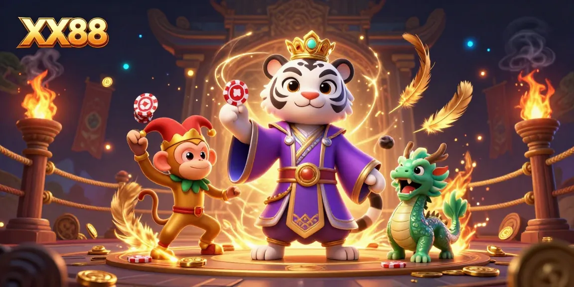 Experience exhilarating gameplay at XX88 with a lively illustration of a white tiger, playful monkey, and animated jade dragon amidst vibrant casino elements.