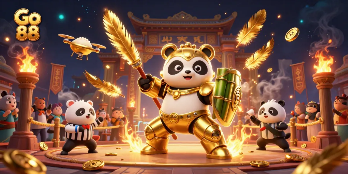 Engage in thrilling gameplay at Go 88 with a golden panda character in a dynamic casino scene.