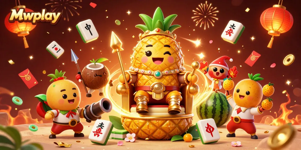 Win big with Mwplay: Enchanted casino scene featuring a golden pineapple king surrounded by festive gaming elements.