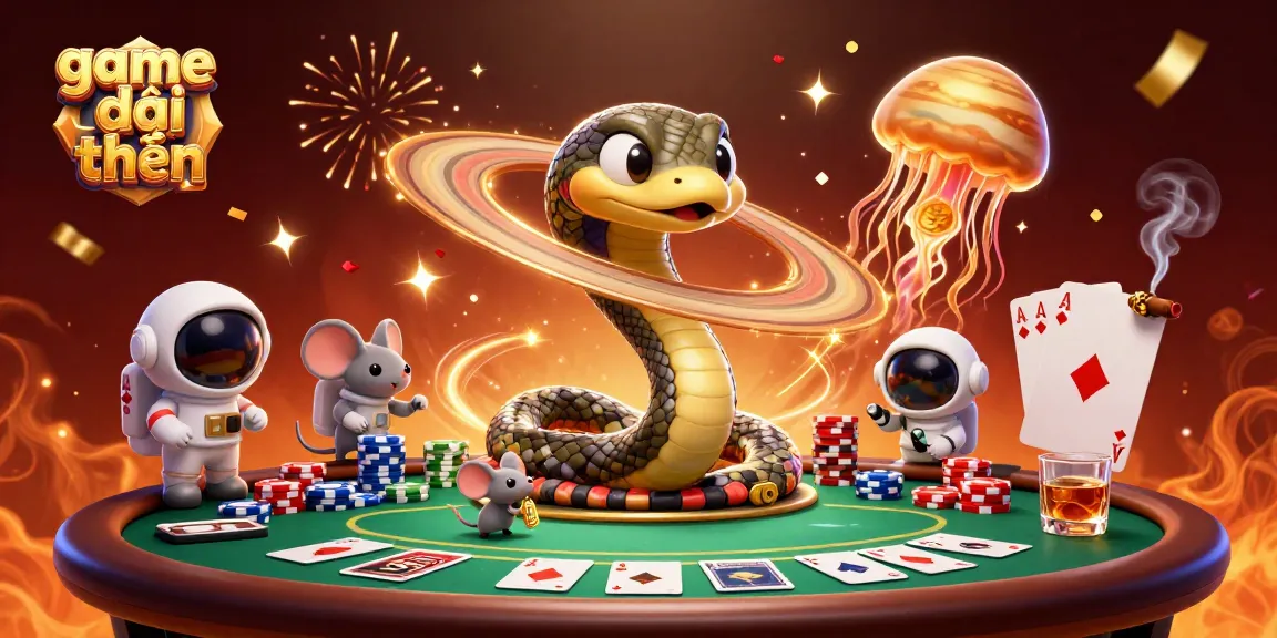 Engaging gameplay at game đổi thưởng with vibrant characters, cosmic dealer, and poker scene elements.