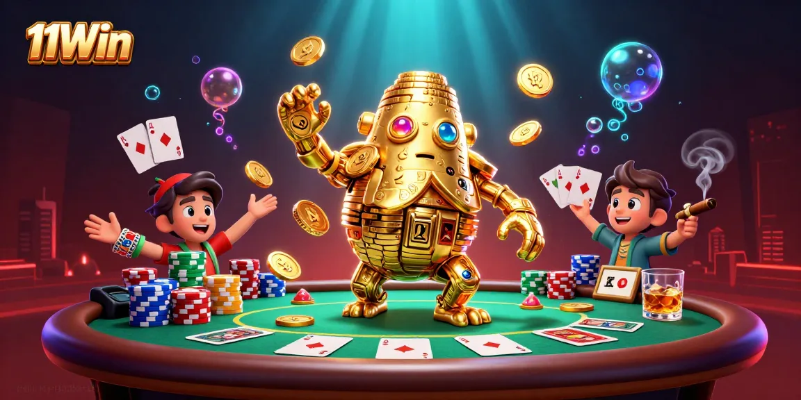 Spin the reels with 11Win's vibrant casino action featuring golden golem and poker elements.