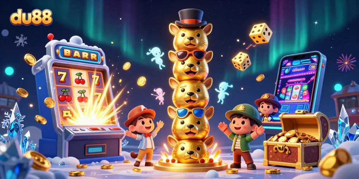 Win big with du88 in an immersive 3D casino illustration full of vibrant game elements