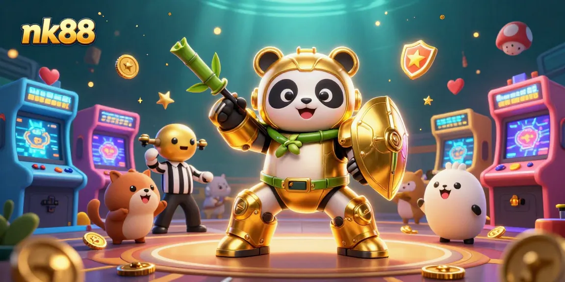 Engage with nk88's vibrant gaming world, featuring a panda in mech fight against a backdrop of arcade games.