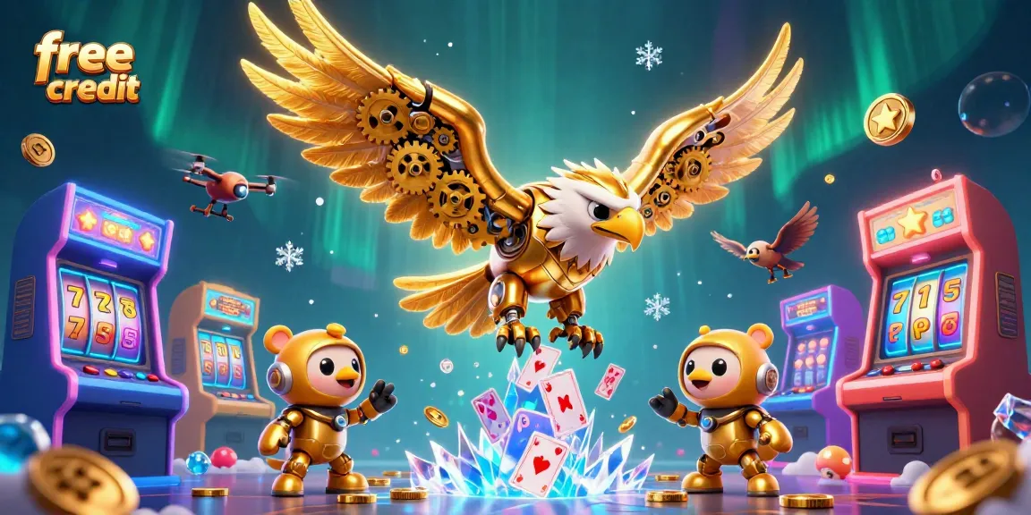 Experience free credit bonuses with an eagle amidst dynamic casino elements and arcade machines.