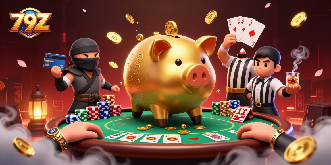 Engage with the thrilling atmosphere of 79Z, featuring a golden piggy bank sumo wrestler amidst a dynamic poker clash.