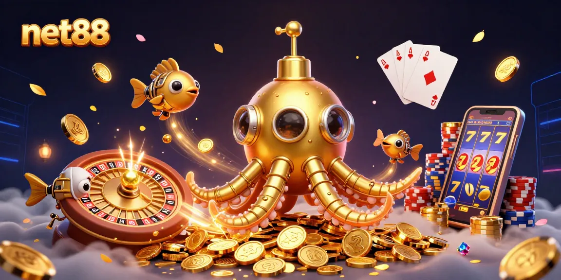 Experience the thrill of net88 with a vibrant 3D casino scene featuring a golden kraken submarine and dazzling game elements.
