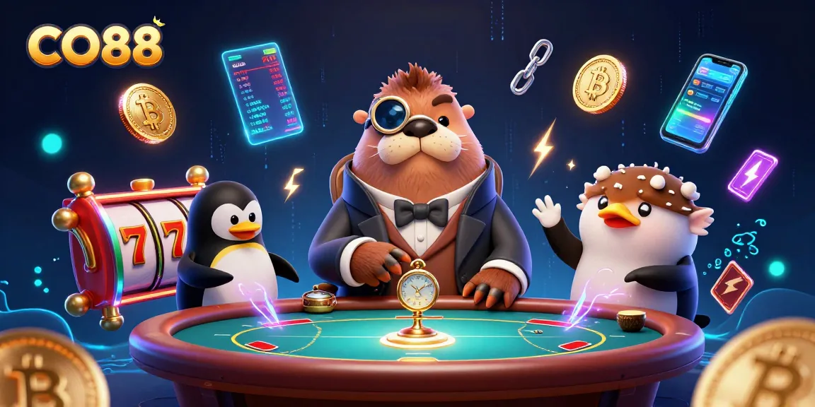 Play exciting slots and poker with CO88's vibrant 3D illustration featuring unique characters.