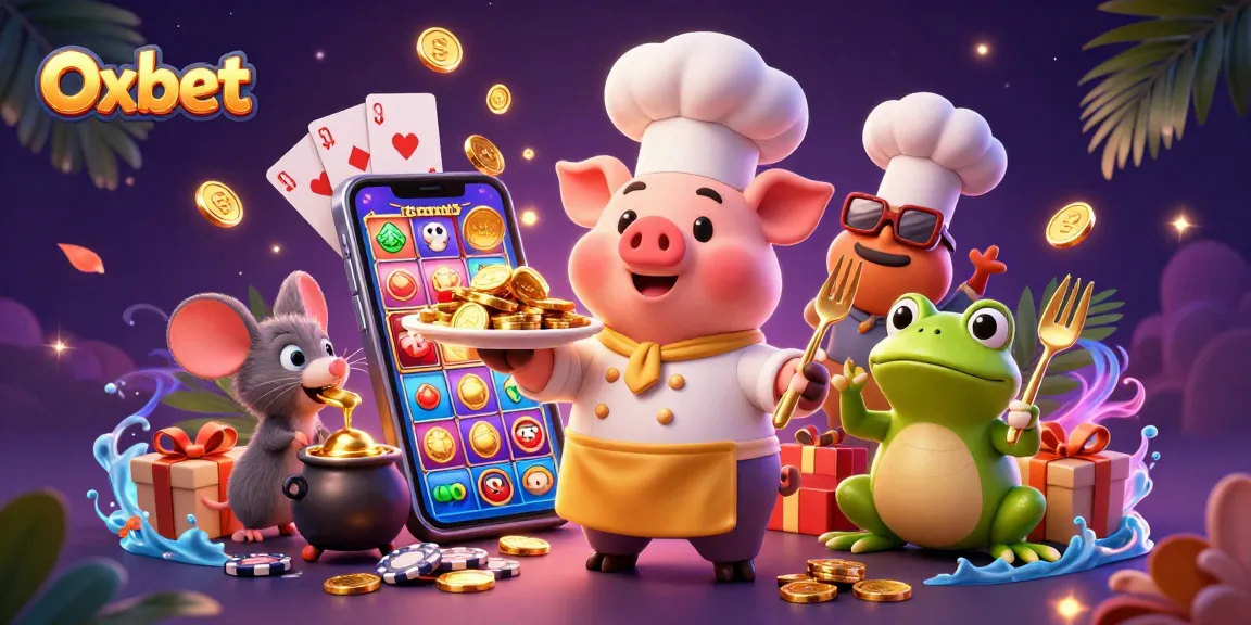 Experience Oxbet's vibrant casino scene with golden coins, lively characters, and engaging game elements.