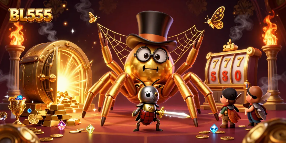 Engage in epic gameplay with BL555 featuring golden treasures, slots, and vibrant characters in a casino setting.
