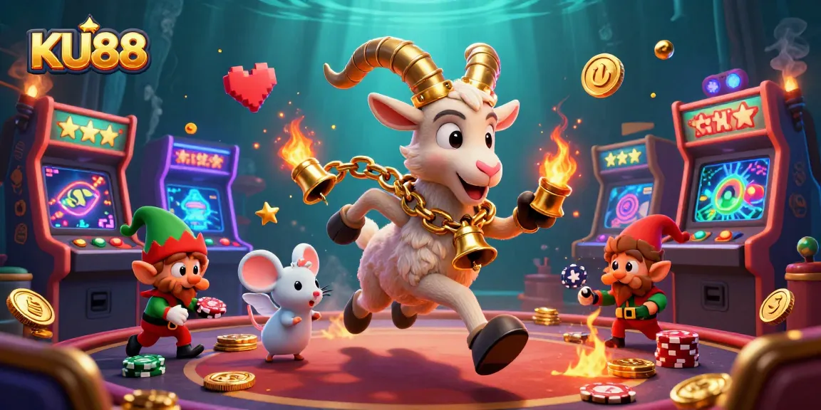 Engage in thrilling gaming at KU88, featuring a Krampus goat amidst colorful arcade machines and festive chaos.