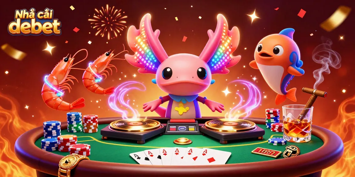 Engage in fun gaming with Nhà cái debet, featuring vibrant characters around a poker table.