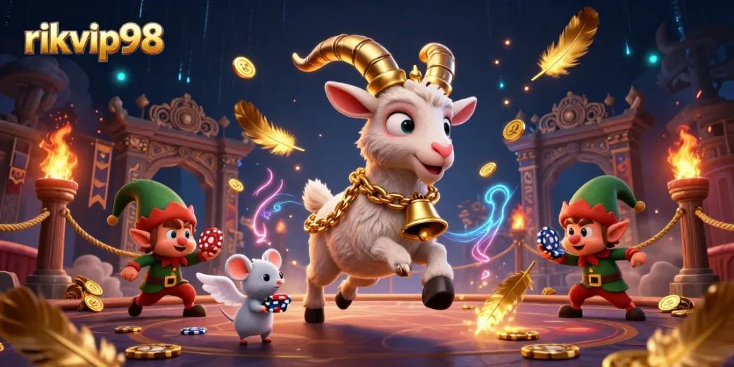 Experience thrilling games at rikvip98 with a festive goat in a lively casino scene.