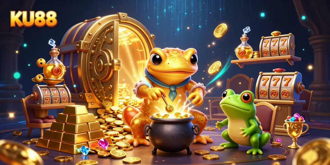 KU88 casino scene with alchemist characters transforming metals into gold coins in a vibrant illustration.