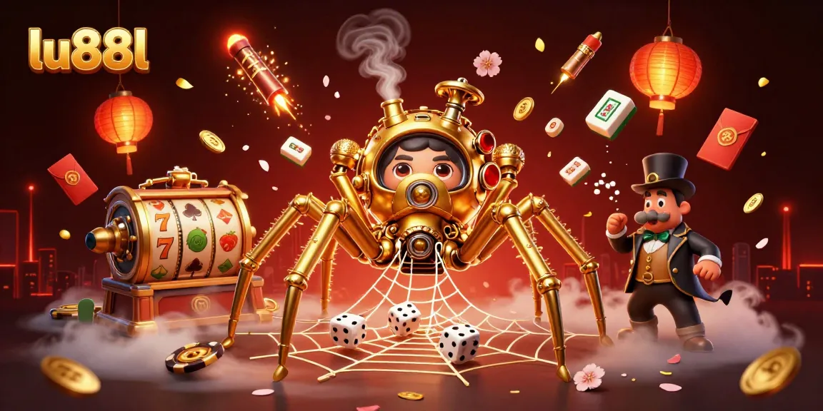 Play slots and win big at lu88l with a golden steampunk spider illustration, featuring intricate designs.