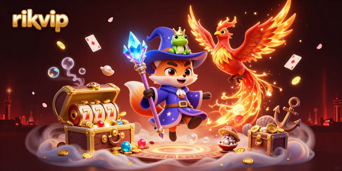 Experience the magic of rikvip with a mystical fox wizard, phoenix, and vibrant casino elements.