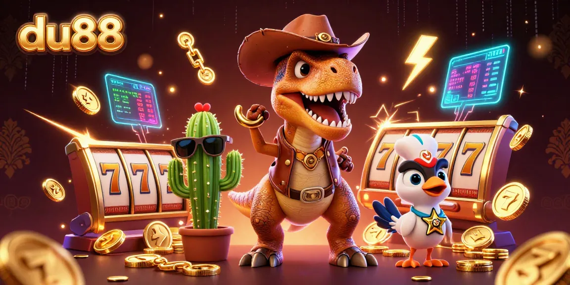Engage with du88's thrilling slots scene featuring a cartoon cowboy dinosaur and casino elements.
