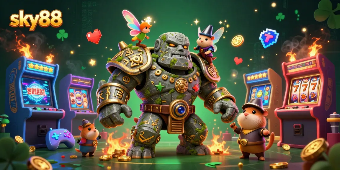 Experience excitement with sky88 as the golem guardian and friends come alive in a vibrant casino scene.