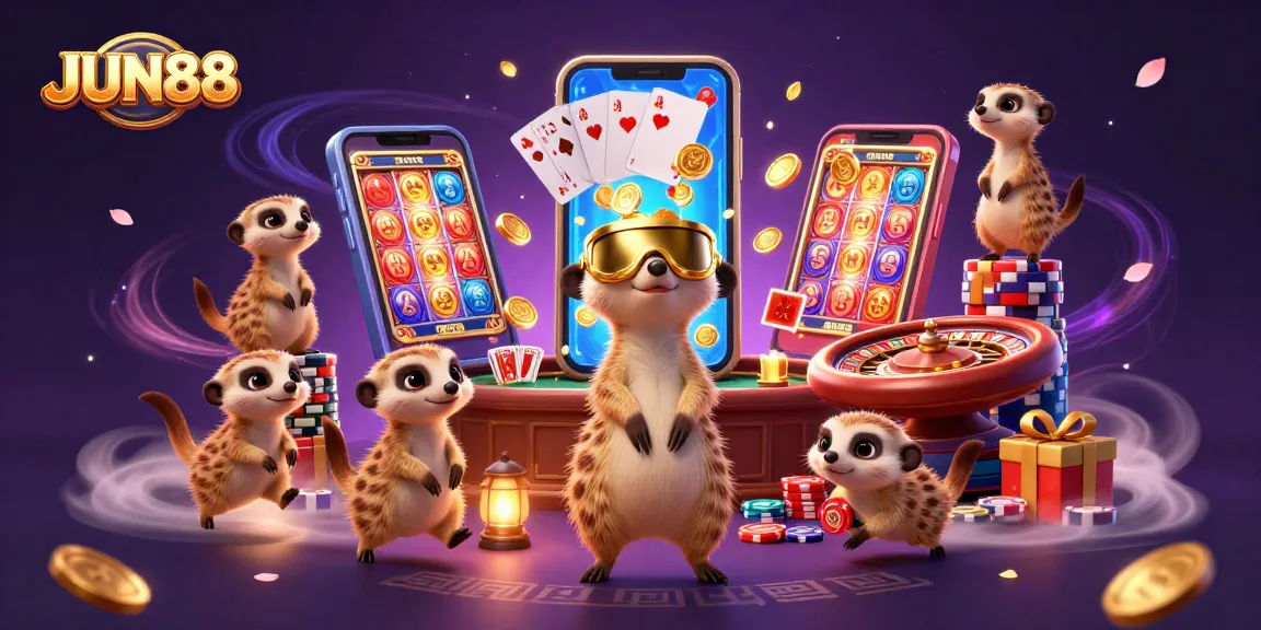 Engage in thrilling gaming at JUN88 with meerkats managing a vibrant casino scene showcasing lively slot games and excitement.