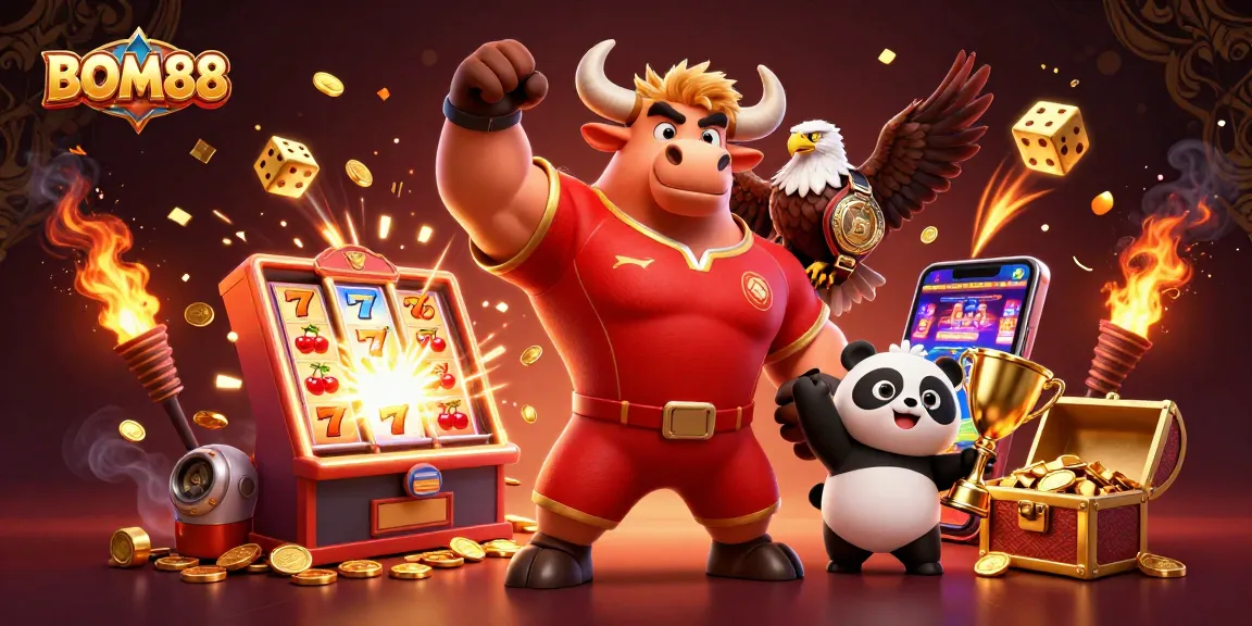 BOM88 celebrates wins with energetic characters winning at slots, showcasing excitement and prizes.