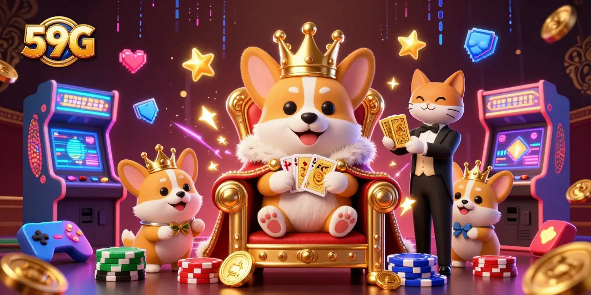 Engage with the vibrant world of 59G, where the royal corgi reigns on a throne of poker chips amidst colorful gaming elements.